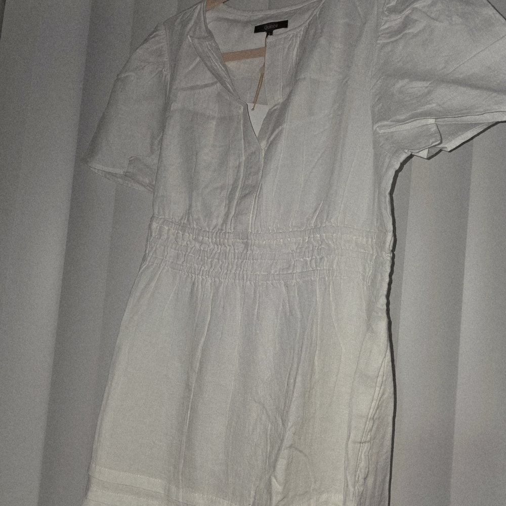 Lightweight White Short-Sleeve Smocked-Waist Dress